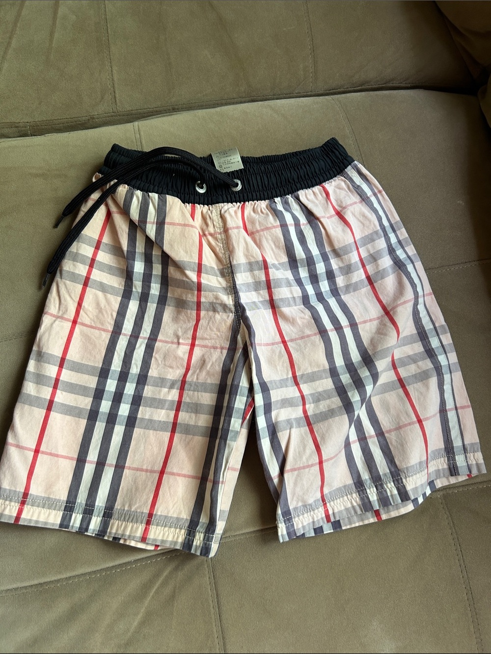 Boys Burberry Plaid Drawstring trunks in Cream, Navy & Red